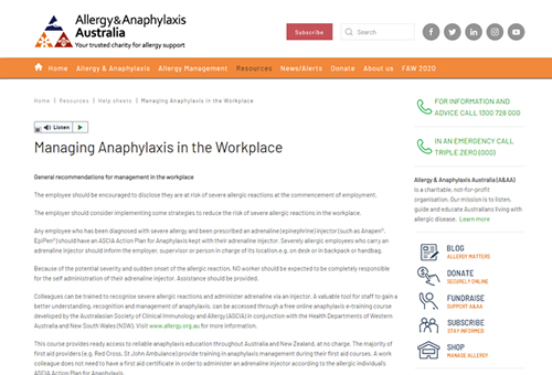 A&AA managing anaphylaxis in workplace